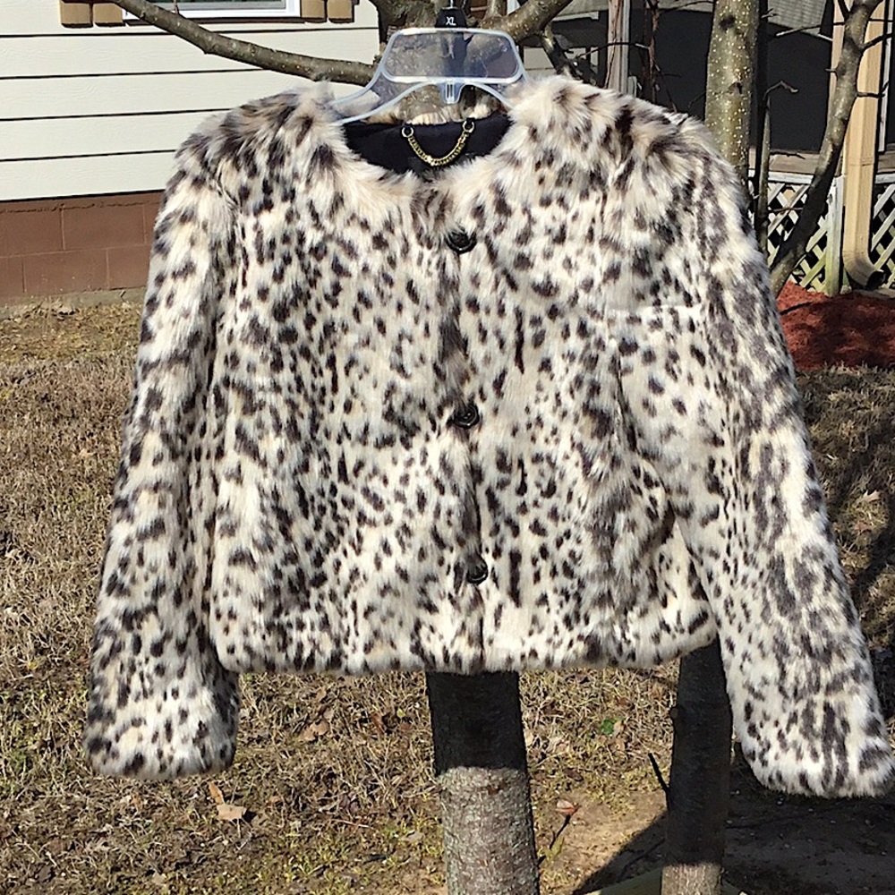 J Crew Snow Leopard Crop Faux Fur Jacket